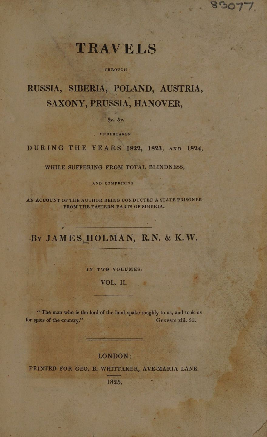 Aged title page of James Holman’s travel writing, printed in dark lettering on brown paper.