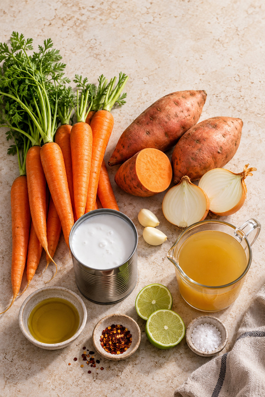 Overhead photograph of carrots, sweet potatoes, onion, garlic, coconut milk, stock, lime and seasonings.