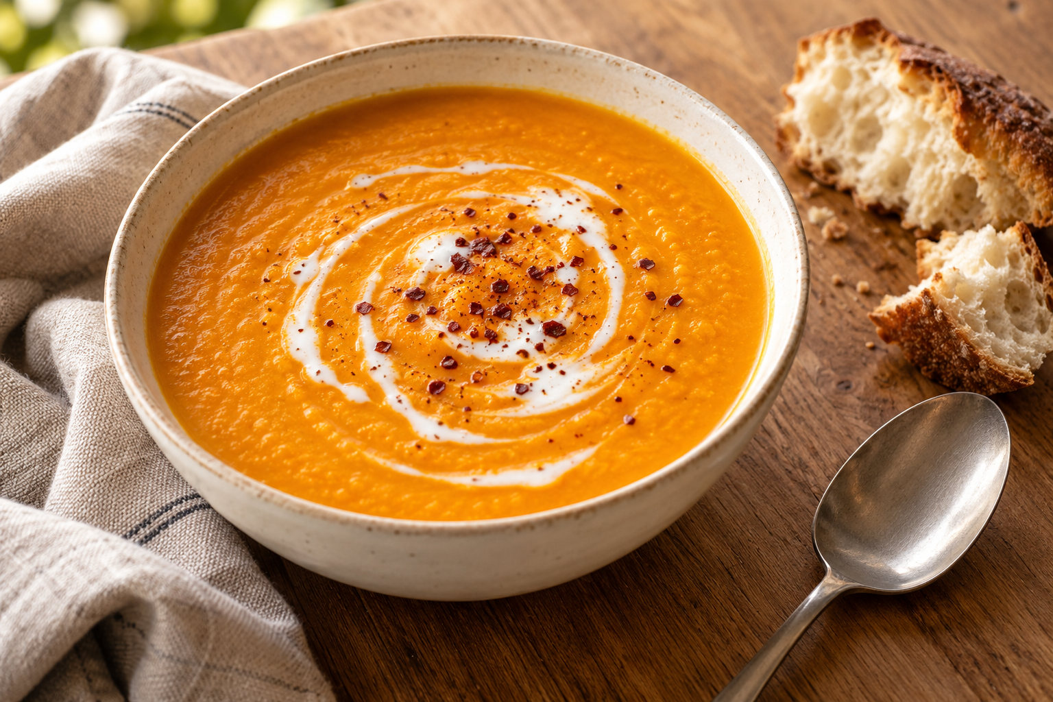 Bowl of orange carrot, sweet potato and coconut soup with a pale swirl on top, served with crusty bread.